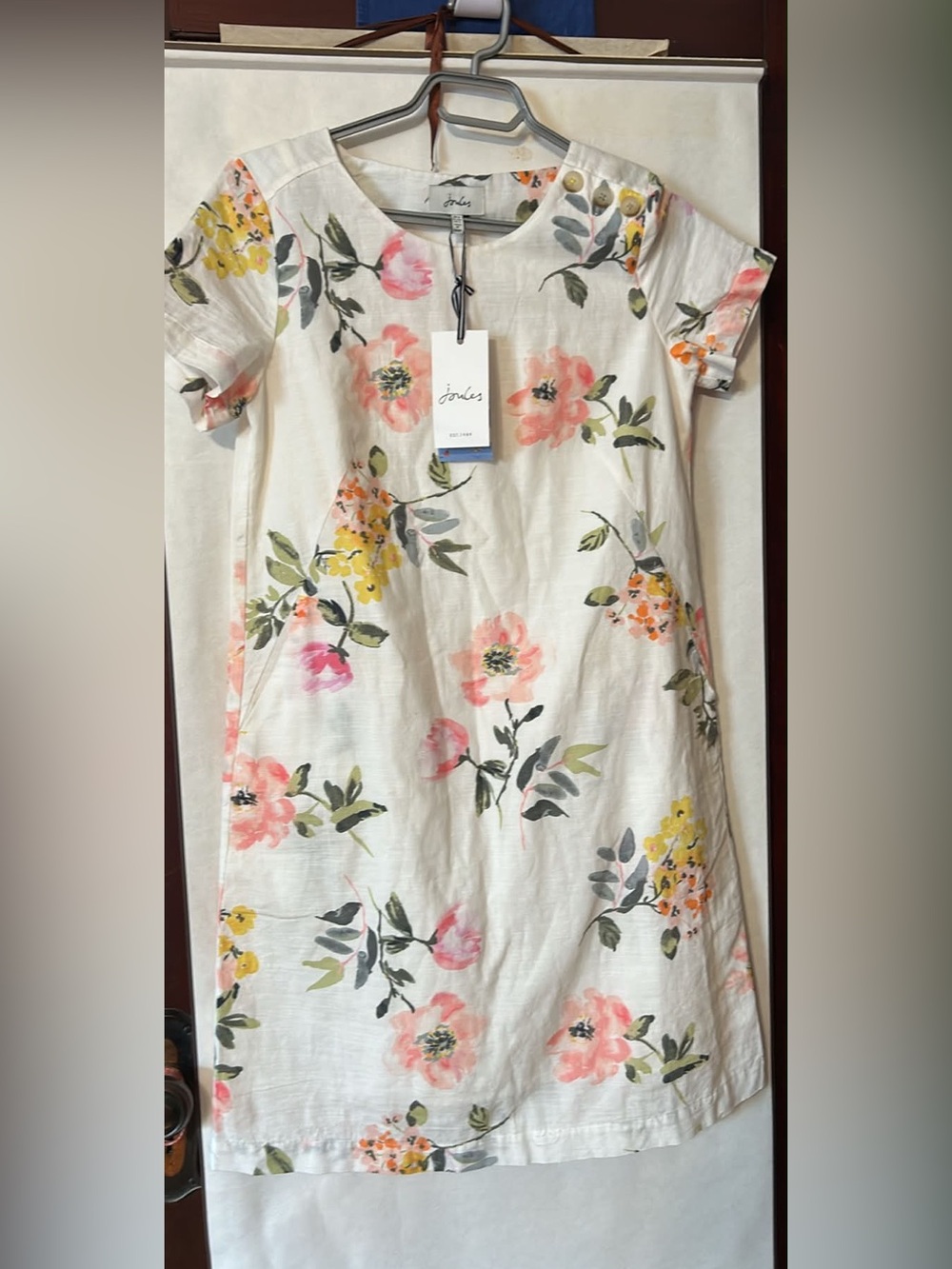 Joules Cotton Linen-Blend Dress with Pink & Yellow Floral Accents, Sz 2